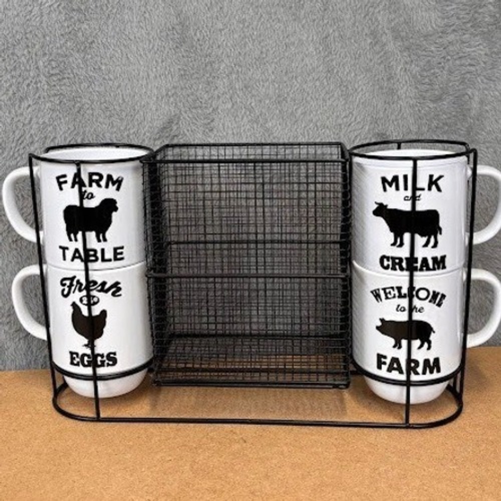 Boston Warehouse Farmhouse Mug Set with Wire Rack 4 Stackable Ceramic Mugs Black